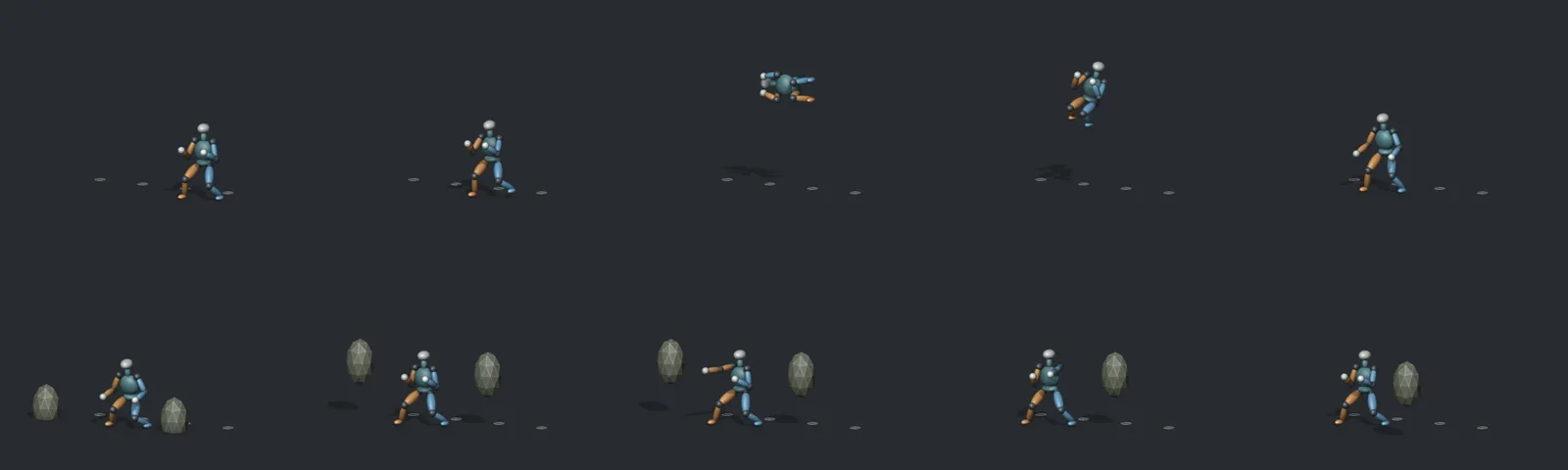 A sequence of blocking poses for the turn, landing, and two rock strikes.
