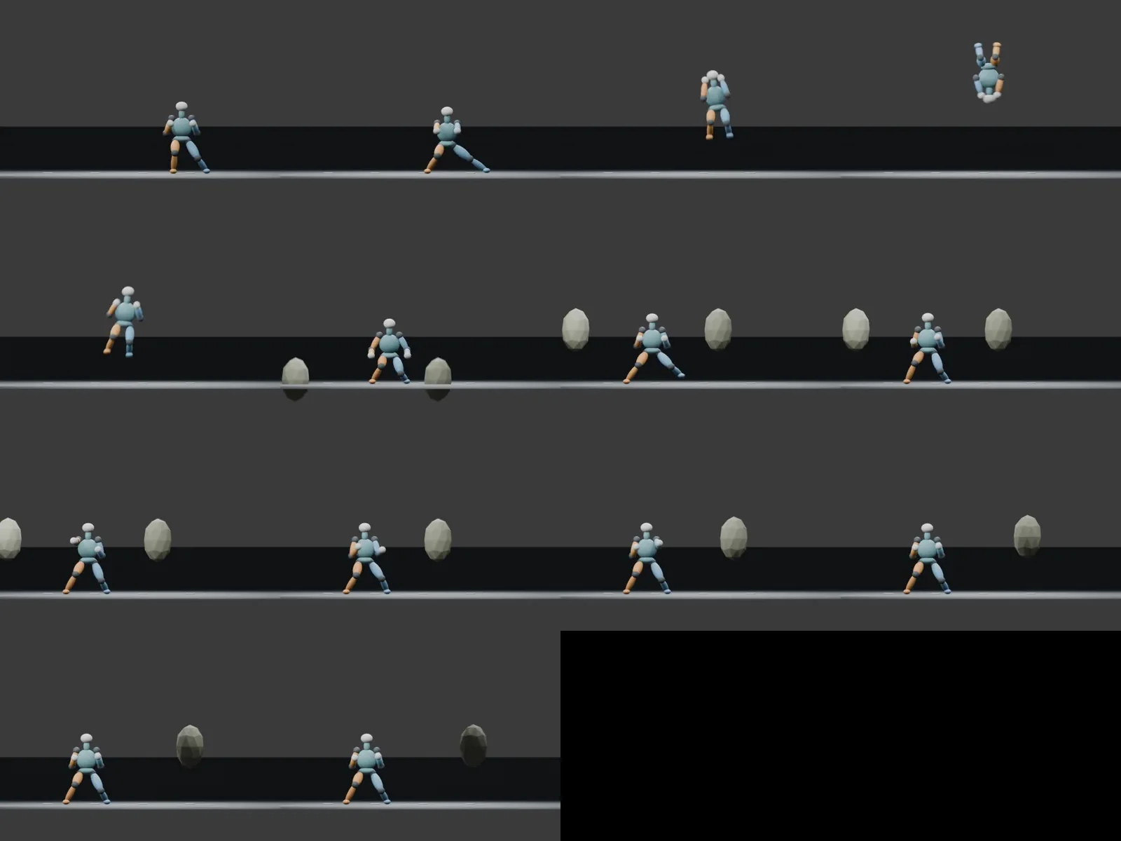 A storyboard of the Blender dummy completing the aerial turn, landing, and rock strikes.
